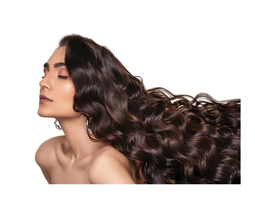Closeup of woman's face showing her hair.